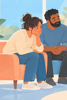 Two parents speak with a supportive health professional while their child plays nearby