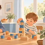 A father writes observations while his young child builds a tower with wooden blocks