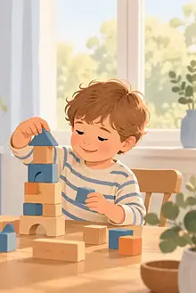 A father writes observations while his young child builds a tower with wooden blocks