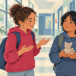 One preteen offers kind feedback about a handmade figure while another receives it with a grounded smile.