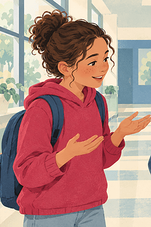 One preteen offers kind feedback about a handmade figure while another receives it with a grounded smile.