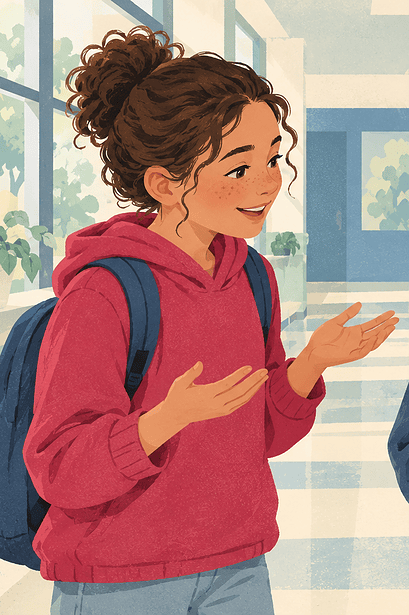 One preteen offers kind feedback about a handmade figure while another receives it with a grounded smile.