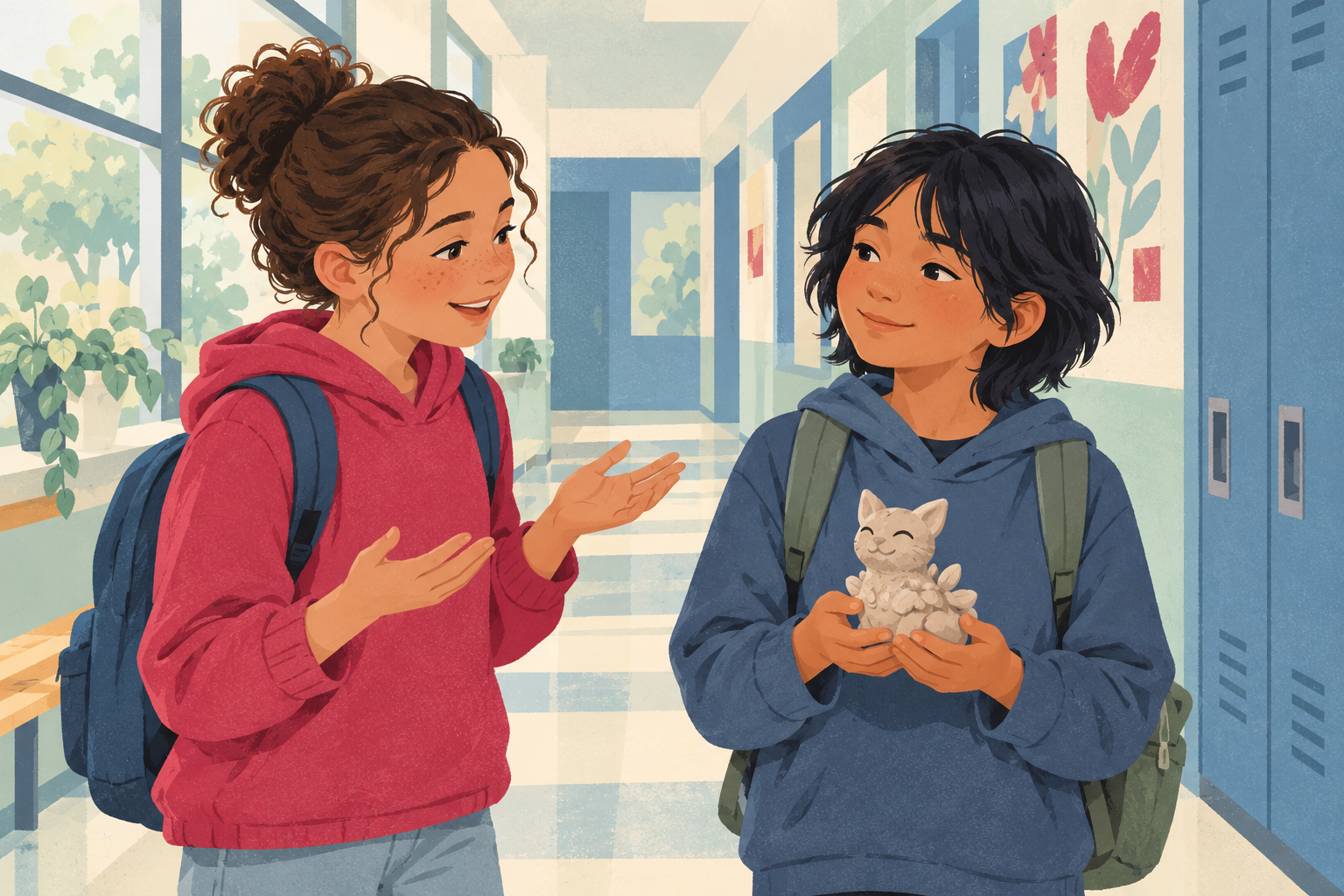 One preteen offers kind feedback about a handmade figure while another receives it with a grounded smile.