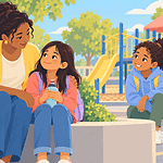 Child talking with a supportive adult and friend near a playground