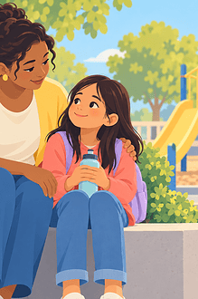 Child talking with a supportive adult and friend near a playground