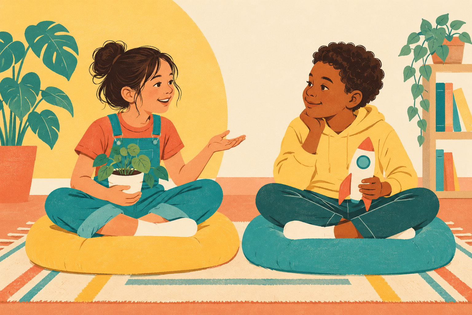 Two children discussing different ideas while listening to each other