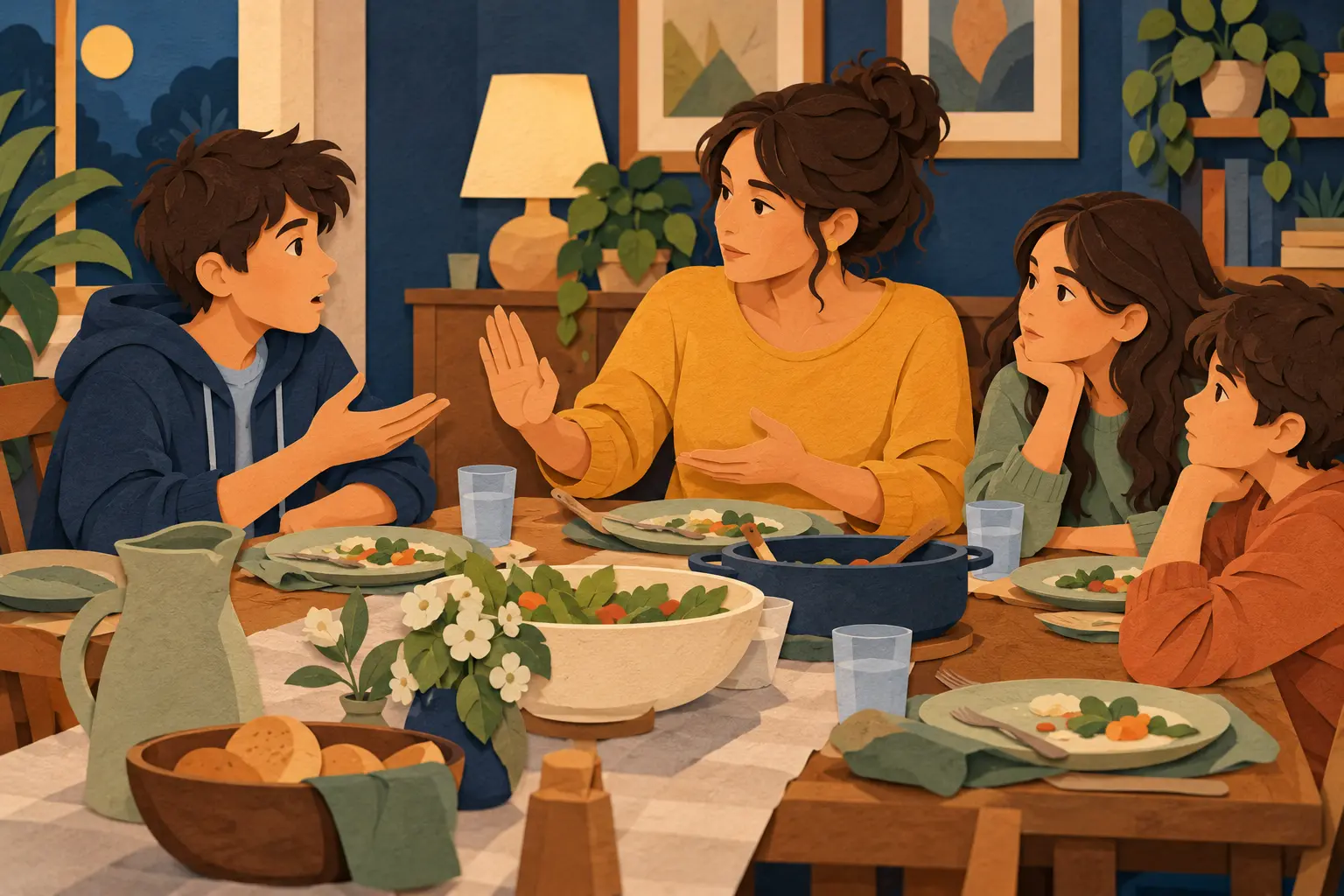 A caregiver calmly talking with two older children after an uncomfortable joke in a group chat