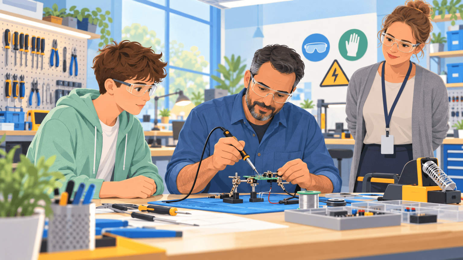 Teen observing a supervised electronics task during safe work experience