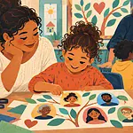 A child and mother create an inclusive important-people collage at school
