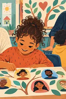 A child and mother create an inclusive important-people collage at school