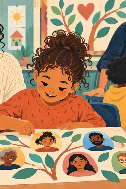 A child and mother create an inclusive important-people collage at school