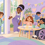 Child giving a small wave while arriving at a friendly activity group
