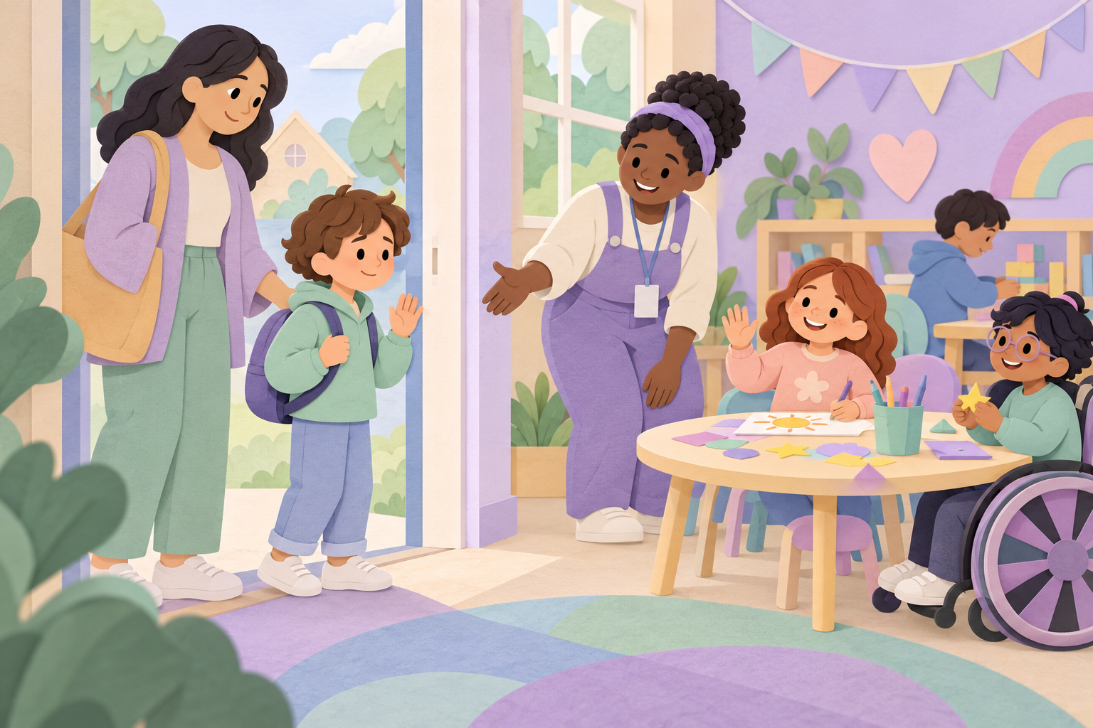 Child giving a small wave while arriving at a friendly activity group