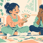 Child sharing a handmade trophy with a listening friend