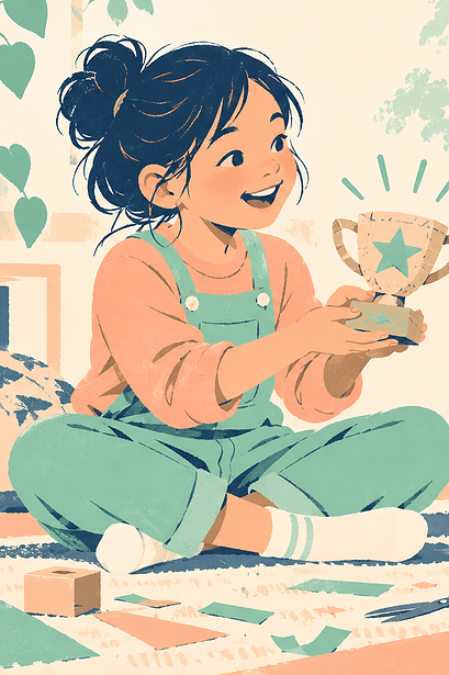 Child sharing a handmade trophy with a listening friend