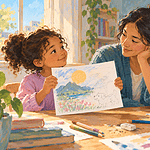 Child sharing an unfinished drawing with a supportive caregiver