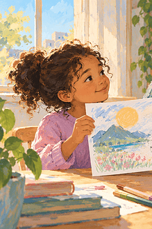 Child sharing an unfinished drawing with a supportive caregiver