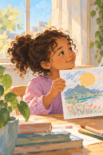Child sharing an unfinished drawing with a supportive caregiver