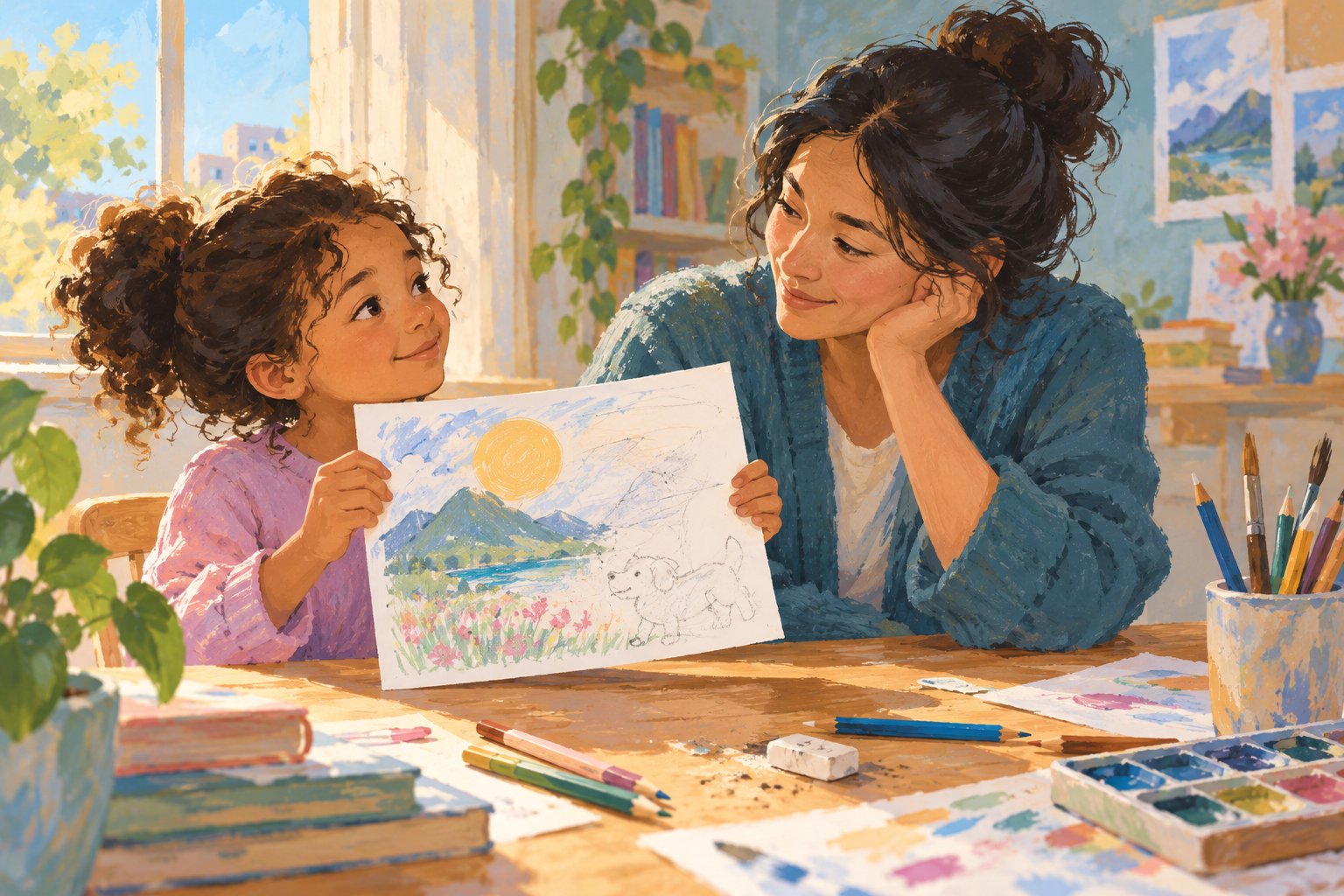 Child sharing an unfinished drawing with a supportive caregiver