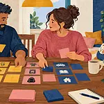 Two co-parents sort household and childcare tasks together at a dining table