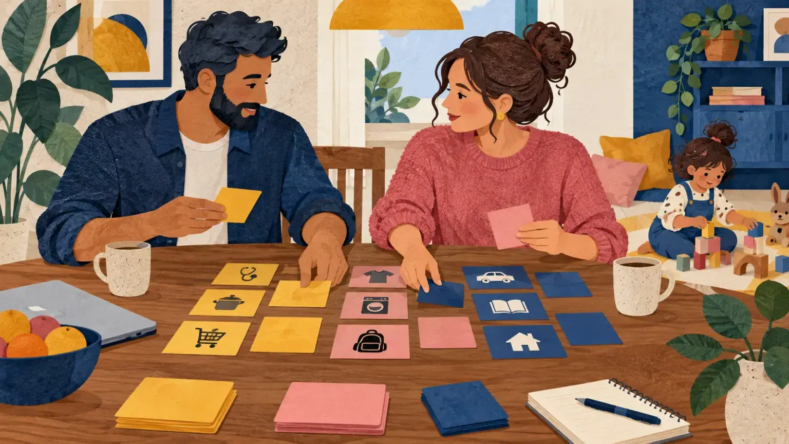 Two co-parents sort household and childcare tasks together at a dining table