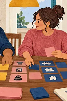 Two co-parents sort household and childcare tasks together at a dining table