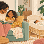 A caregiver reads closely with an older child while a new baby sleeps safely nearby.