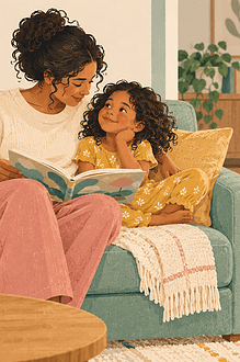 A caregiver reads closely with an older child while a new baby sleeps safely nearby.
