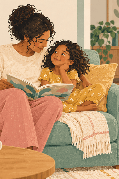 A caregiver reads closely with an older child while a new baby sleeps safely nearby.