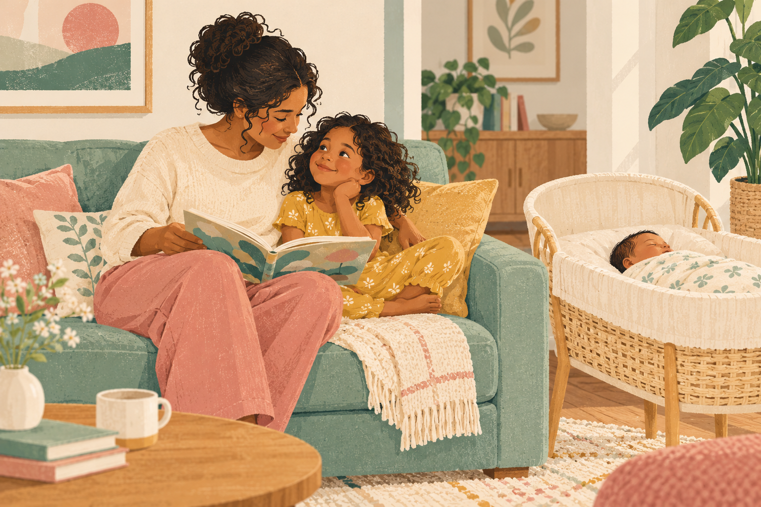 A caregiver reads closely with an older child while a new baby sleeps safely nearby.