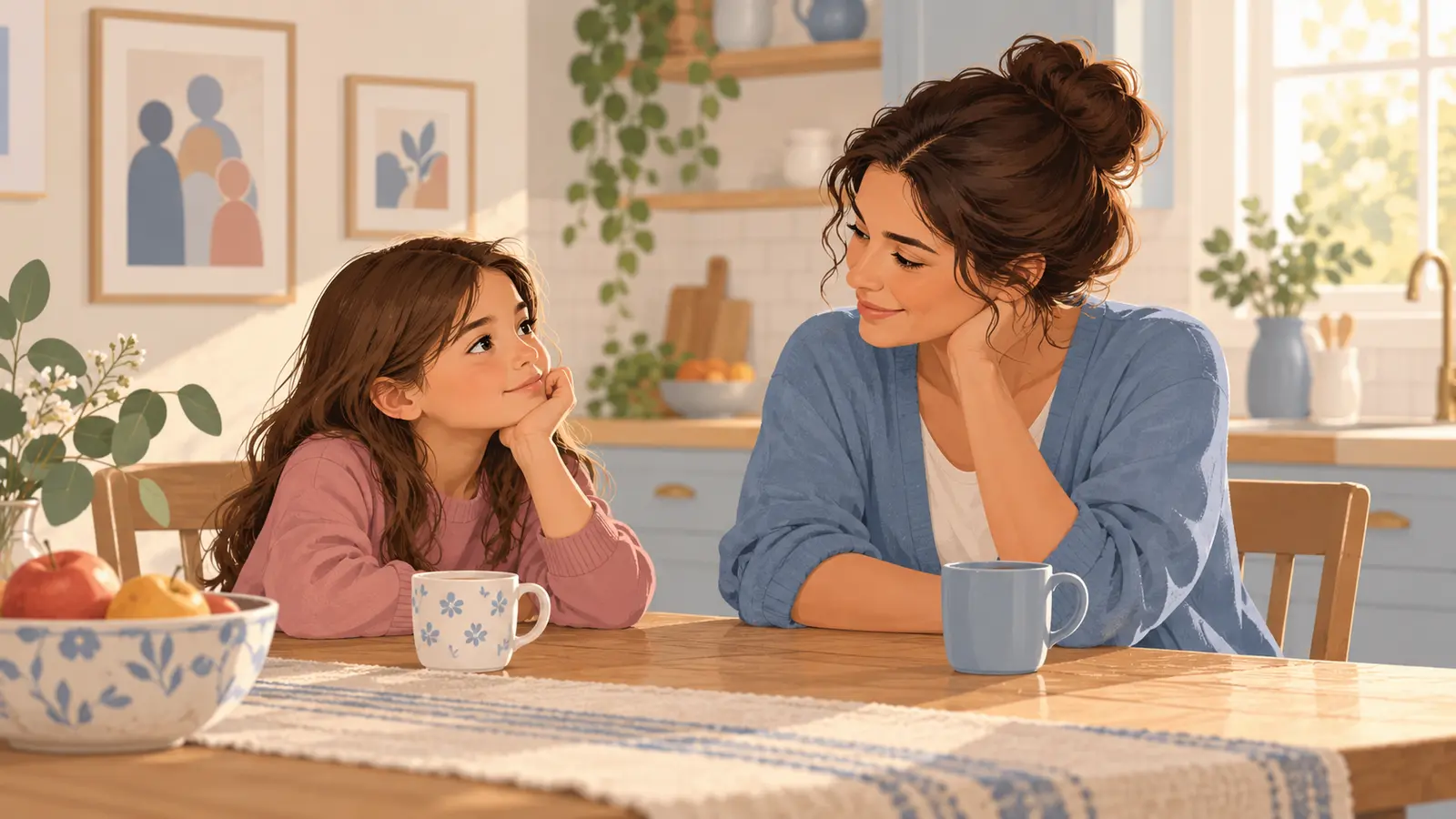 A single parent listening closely to a child’s question
