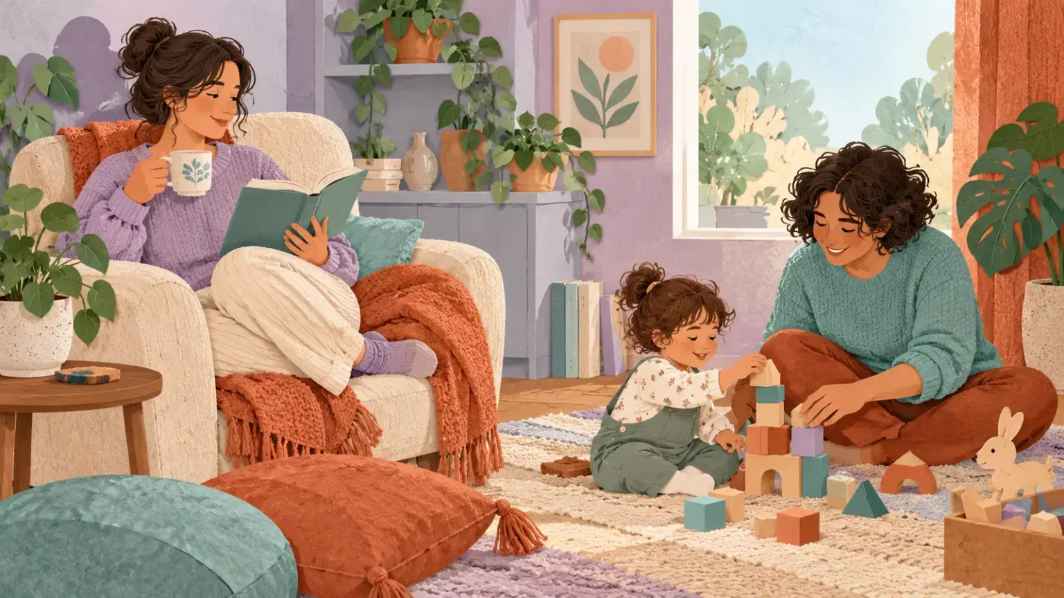 A single parent resting while a trusted friend plays with the child