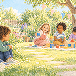 A child watches a garden playgroup from beside a supportive caregiver before joining in.