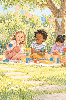 A child watches a garden playgroup from beside a supportive caregiver before joining in.