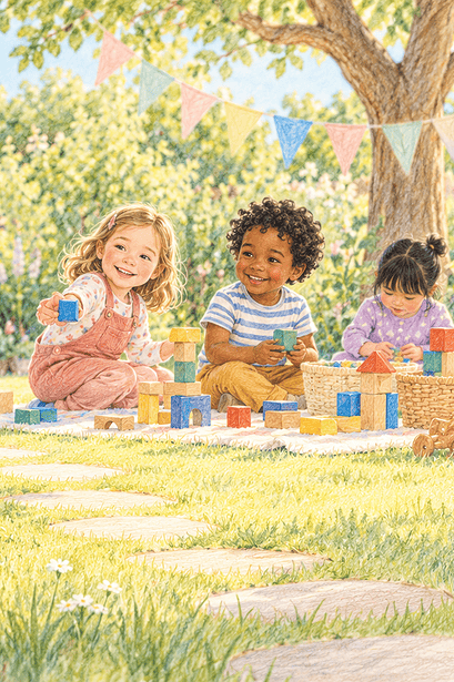 A child watches a garden playgroup from beside a supportive caregiver before joining in.