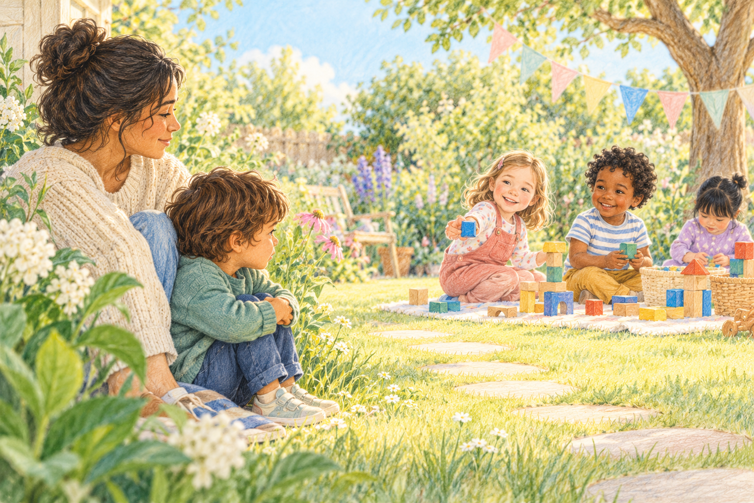 A child watches a garden playgroup from beside a supportive caregiver before joining in.