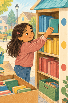 Children and caregiver sorting books for a small community project