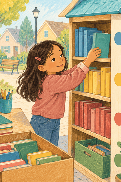 Children and caregiver sorting books for a small community project