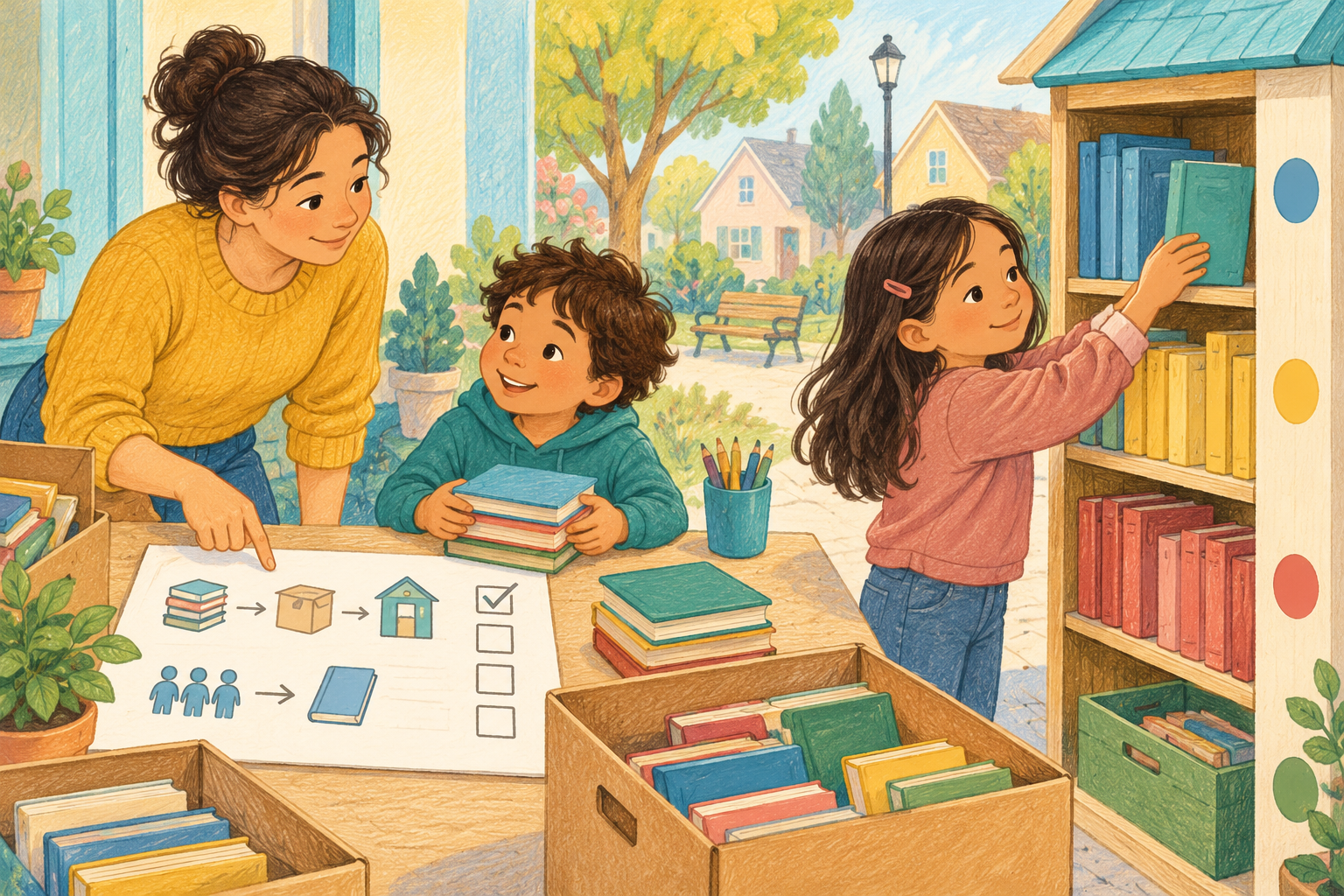 Children and caregiver sorting books for a small community project
