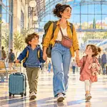 A mother walks through a train station with two children and organized luggage