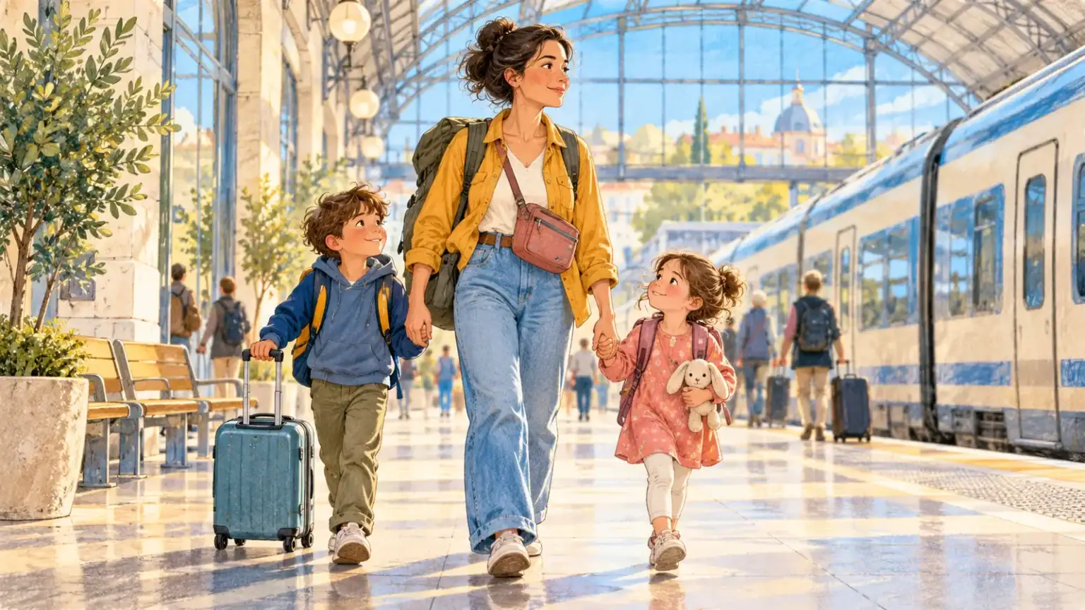 A mother walks through a train station with two children and organized luggage