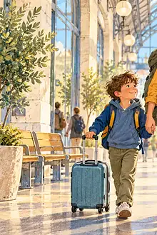 A mother walks through a train station with two children and organized luggage