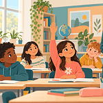 Child raising a hand while a teacher and classmates listen patiently