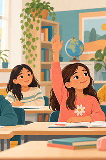 Child raising a hand while a teacher and classmates listen patiently