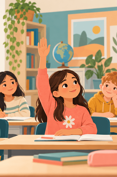 Child raising a hand while a teacher and classmates listen patiently