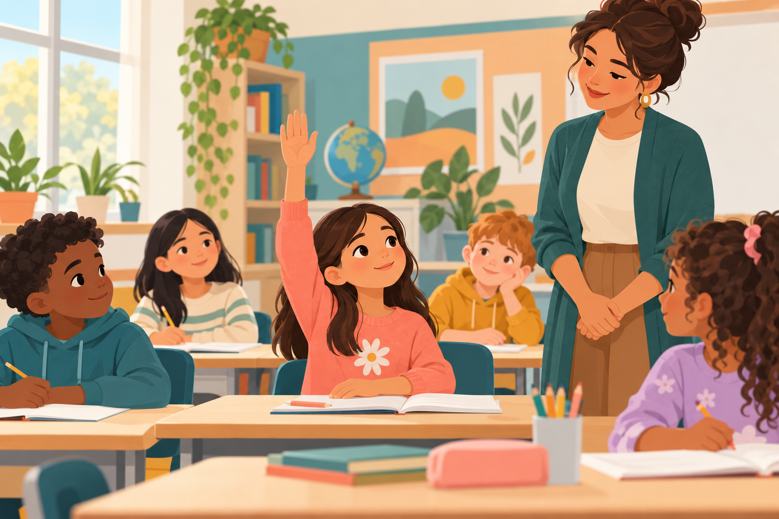 Child raising a hand while a teacher and classmates listen patiently