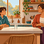 A tween and caregiver pause across a kitchen counter during a tense conversation.