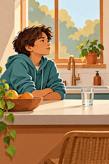 A tween and caregiver pause across a kitchen counter during a tense conversation.