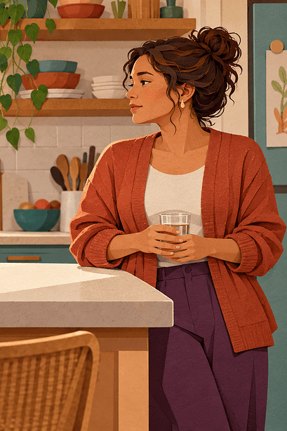 A tween and caregiver pause across a kitchen counter during a tense conversation.