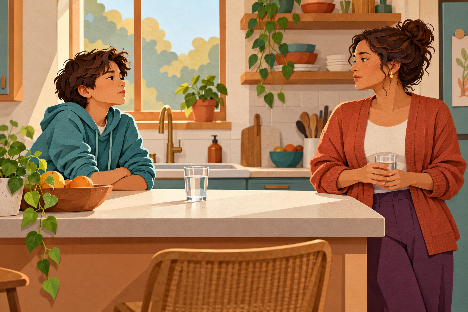 A tween and caregiver pause across a kitchen counter during a tense conversation.